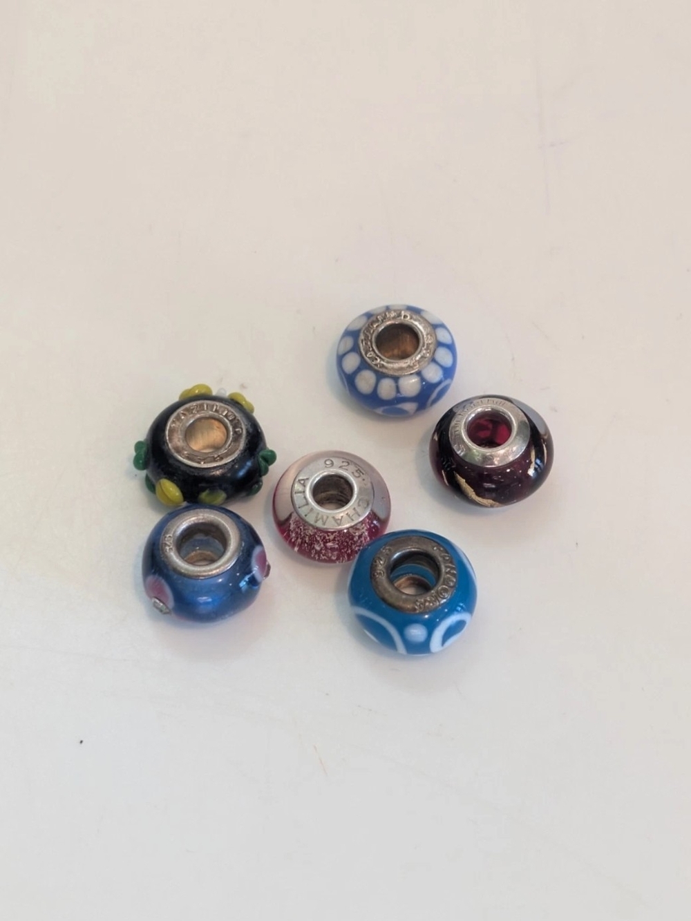 Murano Bead .925 Silver Lot Signed Pandora, Chamilia, Yazilind, 6 Pieces Total!